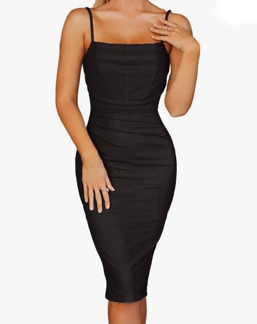 Mesh Fishbone Pleated Backless Sling Dress