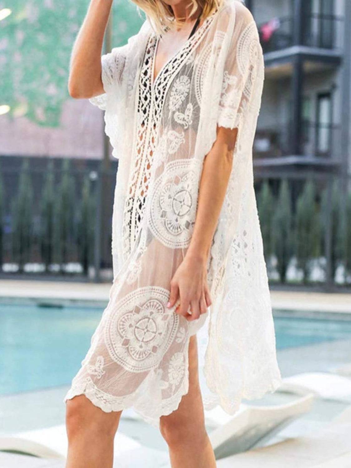 Lace V-Neck Half Sleeve Cover-Up - Siennasass