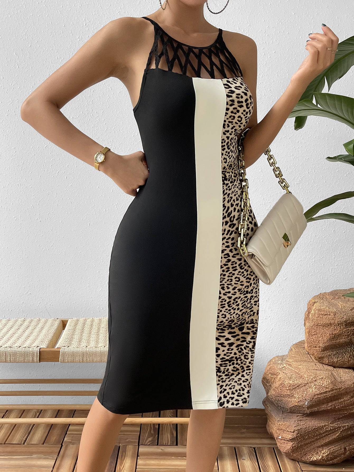 Leopard Color Block Cutout Sleeveless Knee-Length Dress - Siennasass