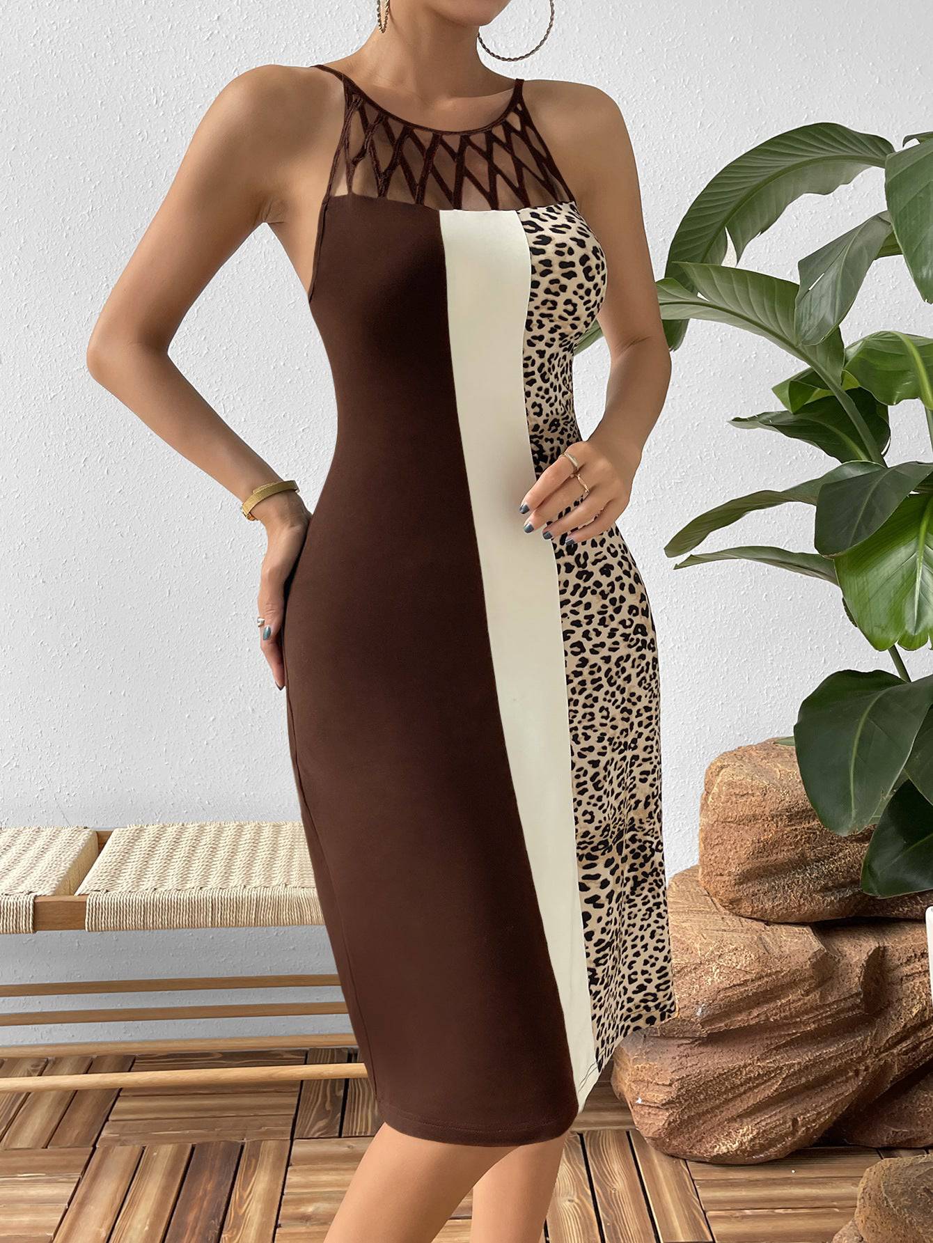 Leopard Color Block Cutout Sleeveless Knee-Length Dress - Siennasass