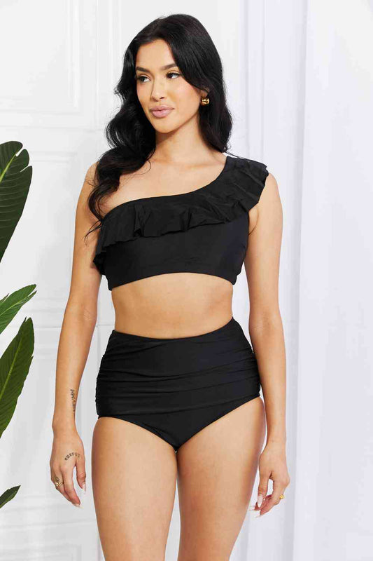 Marina West Swim Seaside Romance Ruffle One-Shoulder Bikini in Black