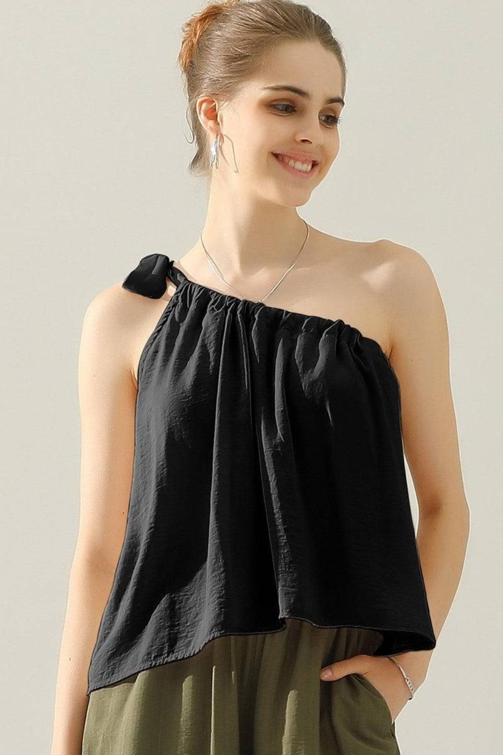 Ninexis One Shoulder Bow Tie Strap Satin Silk Top - Siennasass