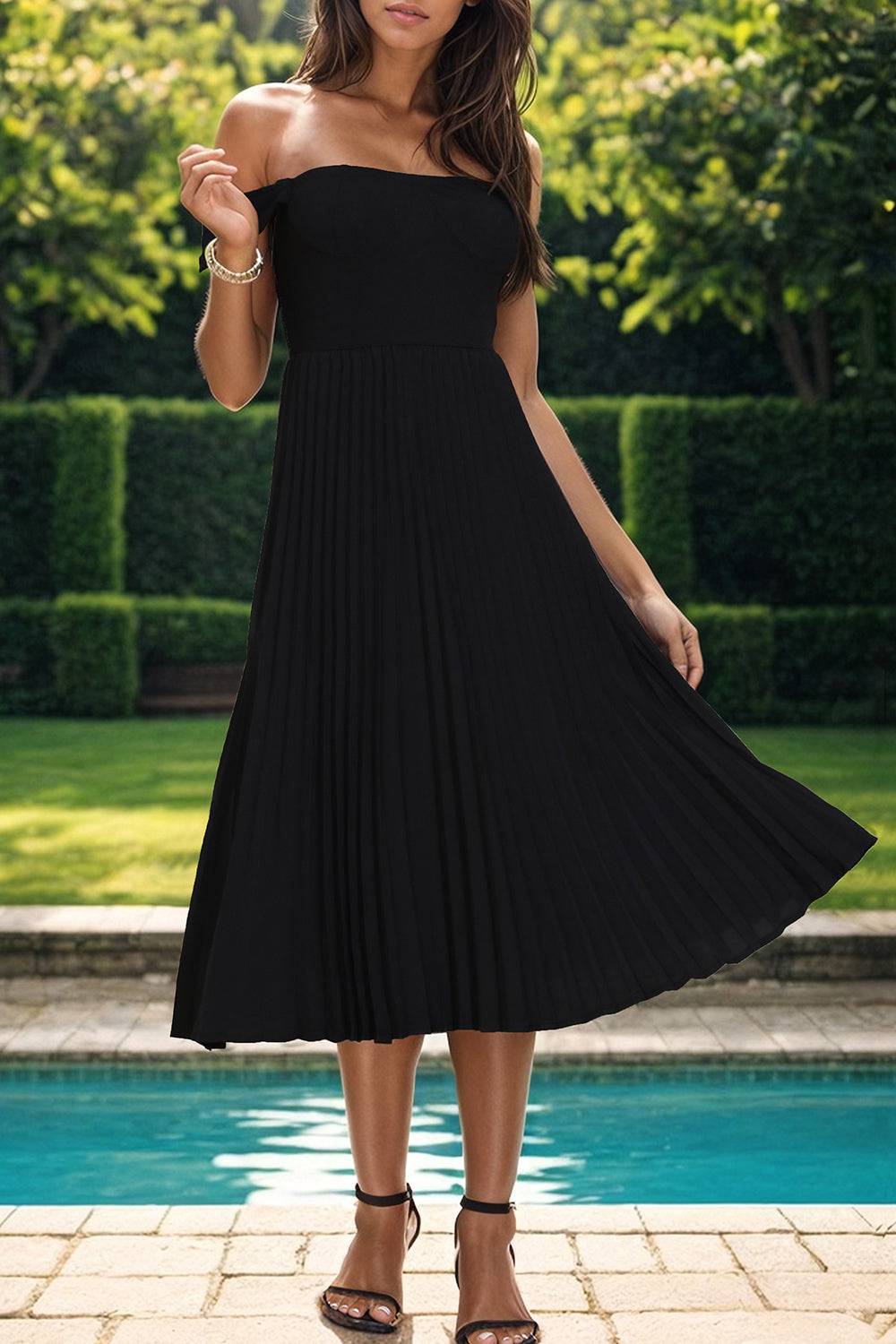 Pleated Off-Shoulder Midi Dress - Siennasass