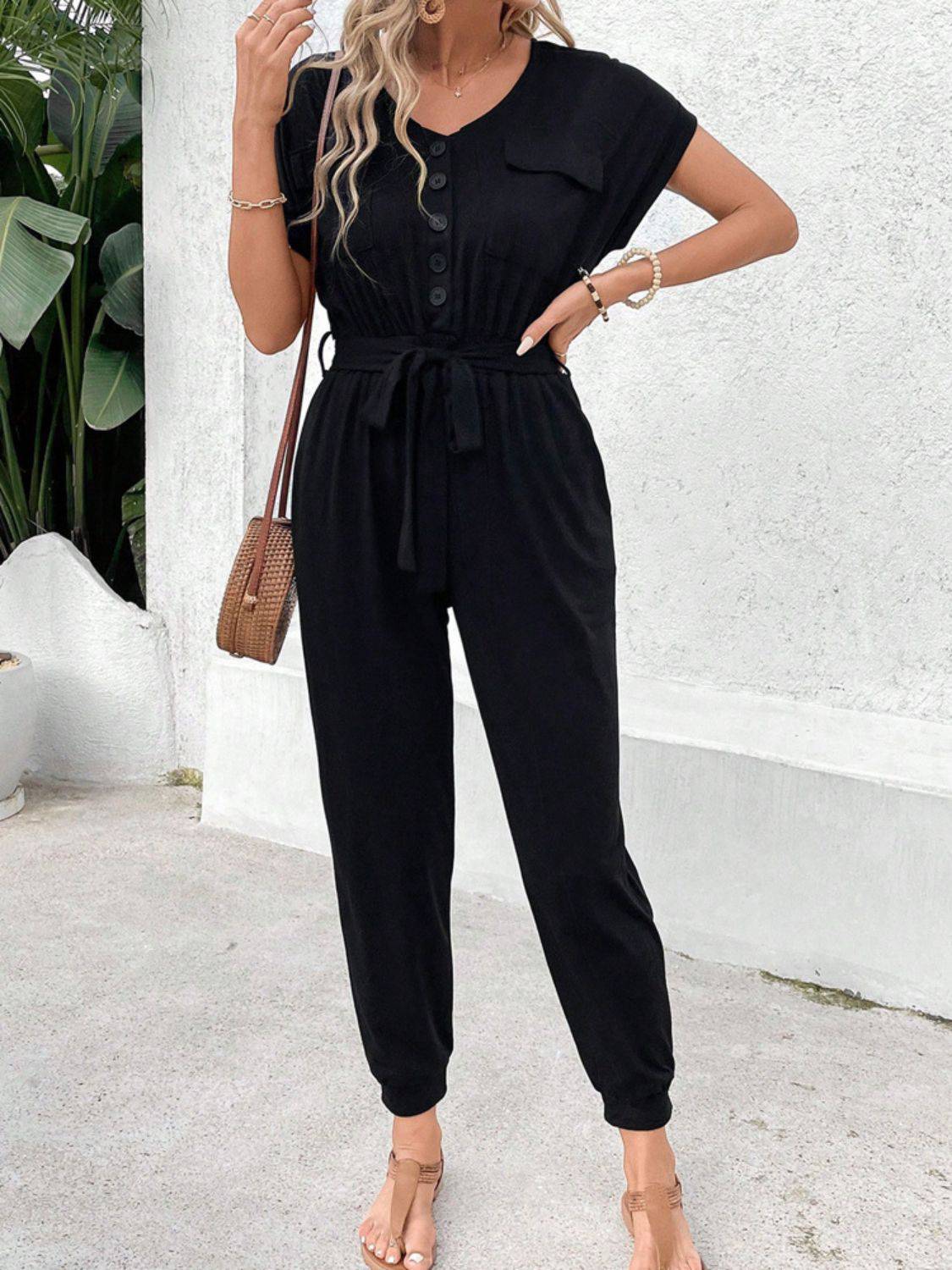 V-Neck Short Sleeve Jumpsuit