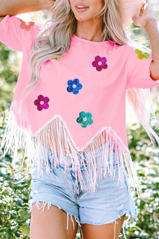 Sequin Flower Round Neck Half Sleeve T-Shirt - Siennasass