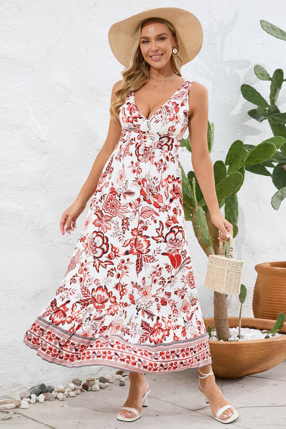 Printed V-Neck Wide Strap Dress - Siennasass