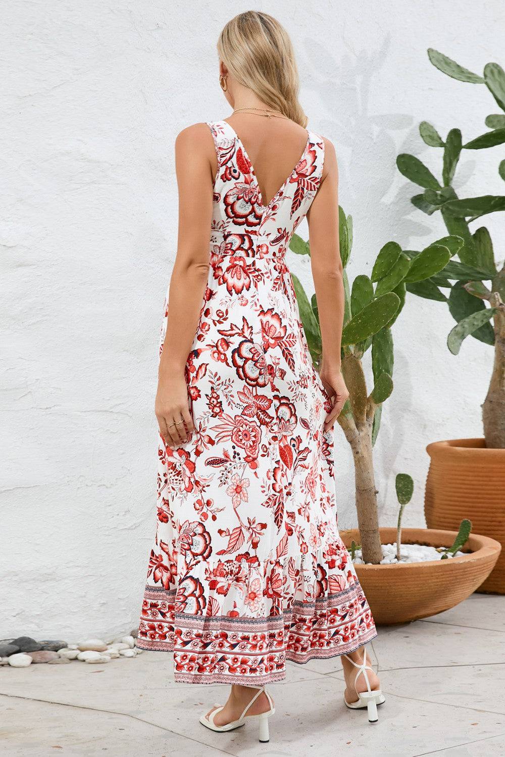 Printed V-Neck Wide Strap Dress - Siennasass