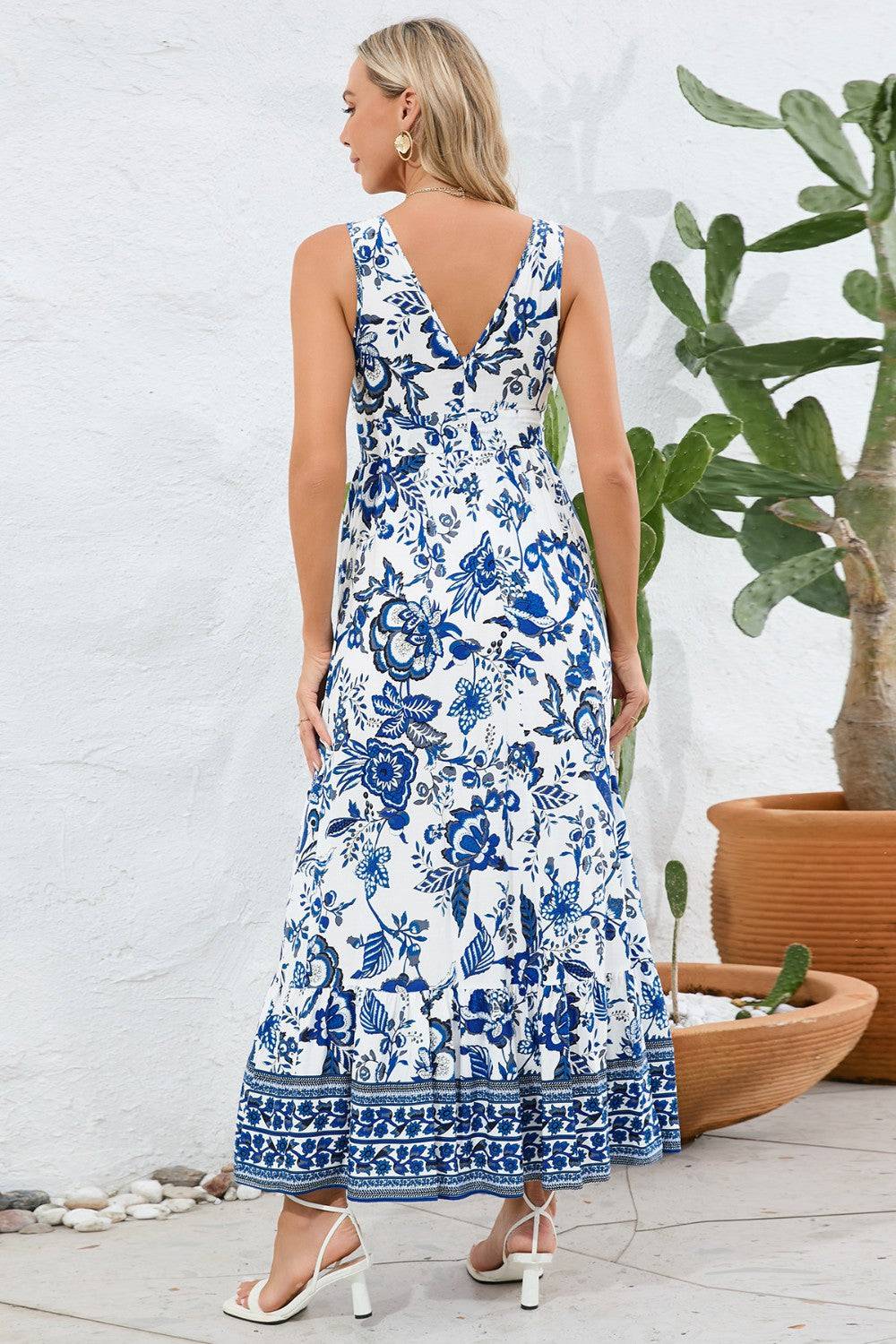 Printed V-Neck Wide Strap Dress - Siennasass