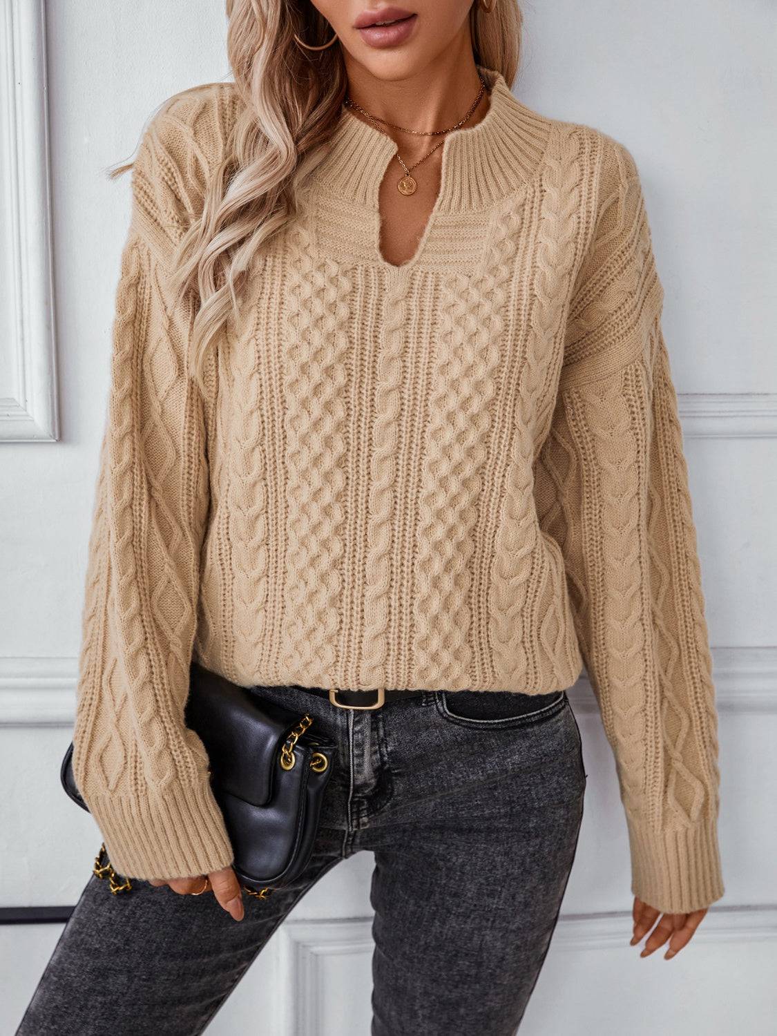 Cable-Knit Notched Long Sleeve Sweater