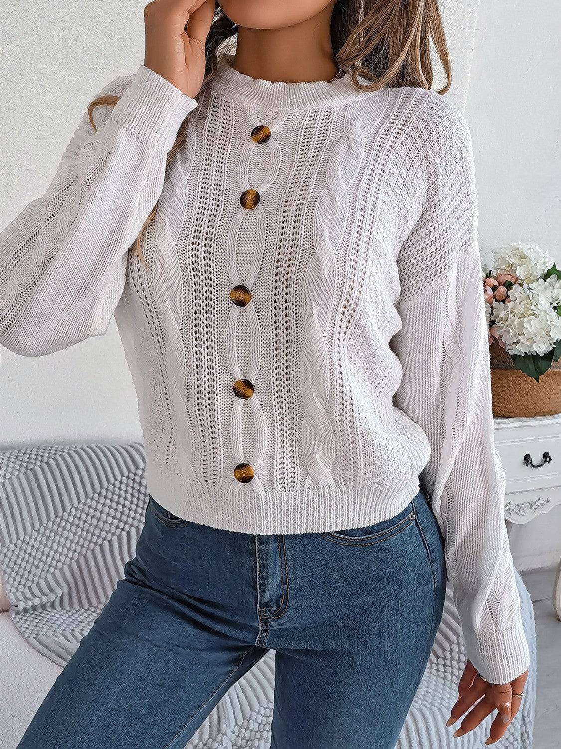 Cable-Knit Buttoned Round Neck Sweater