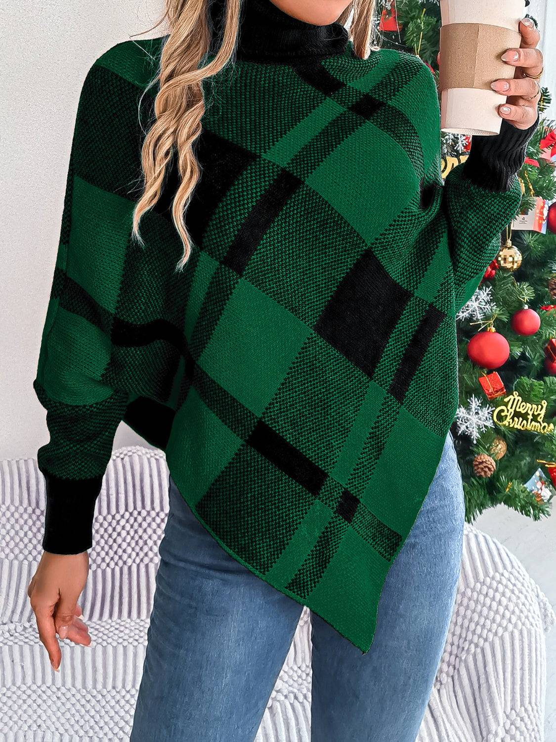 Plaid Turtleneck Batwing Sleeve Sweater