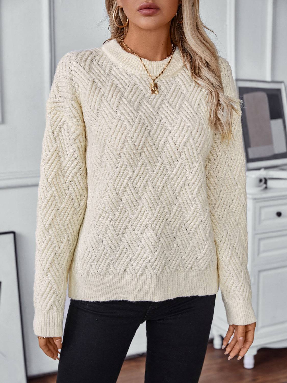 Round Neck Long Sleeve Woven Sweater