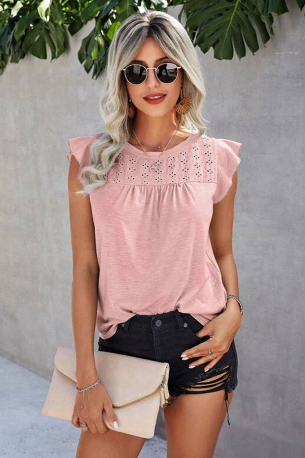 Ruffled Round Neck Cap Sleeve T-Shirt - Siennasass