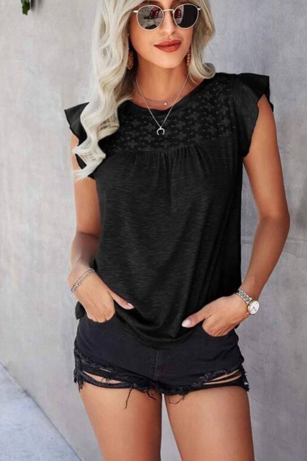 Ruffled Round Neck Cap Sleeve T-Shirt - Siennasass