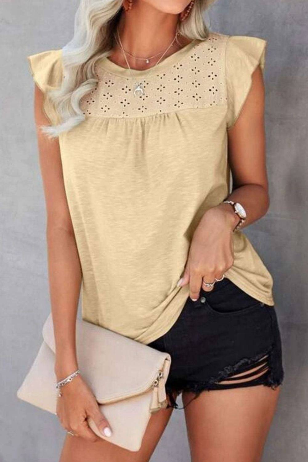 Ruffled Round Neck Cap Sleeve T-Shirt - Siennasass