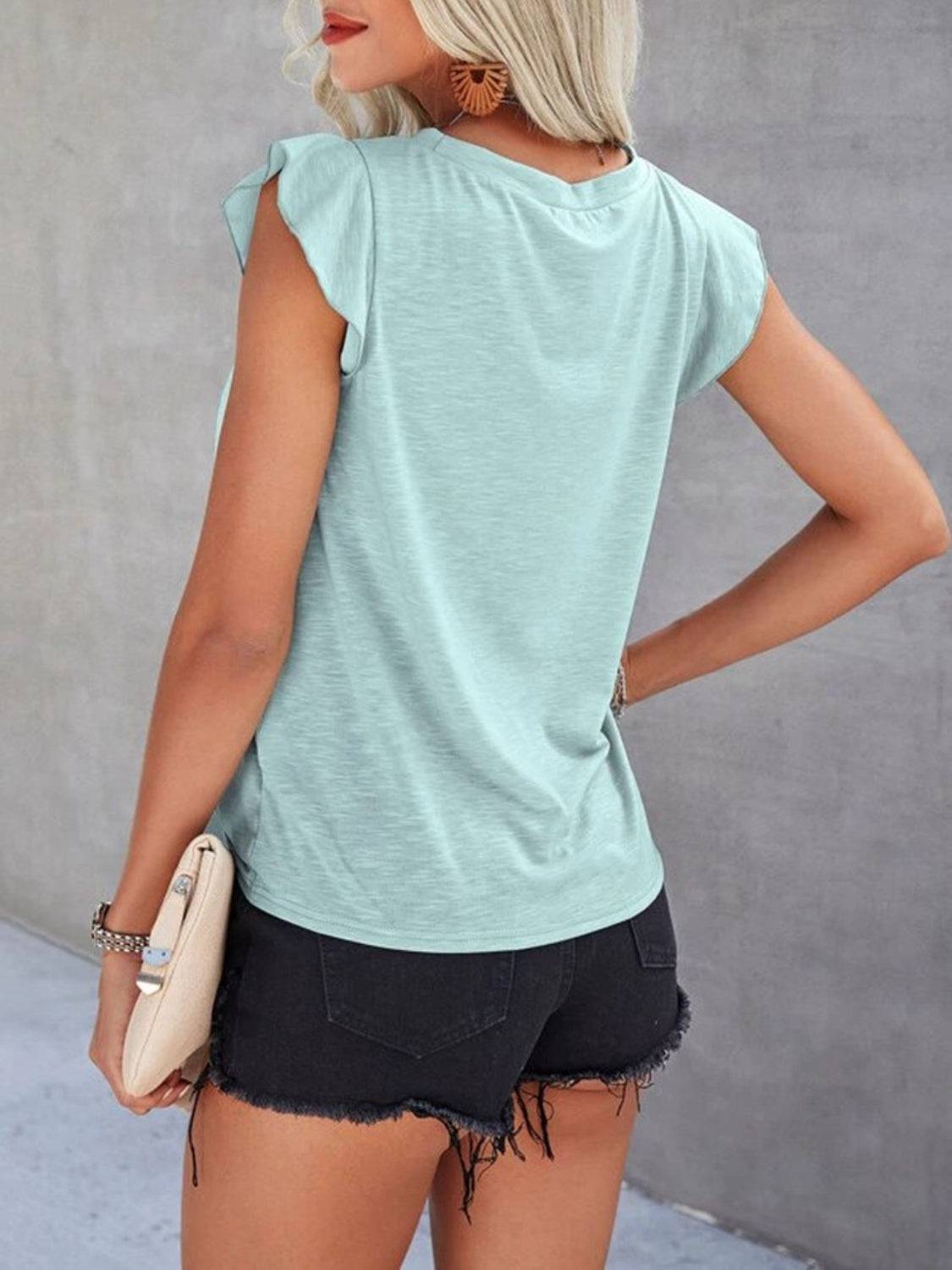 Ruffled Round Neck Cap Sleeve T-Shirt - Siennasass