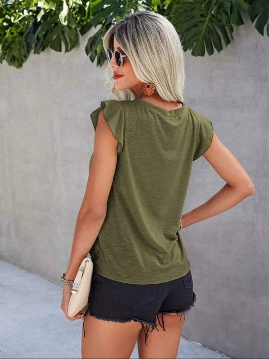 Ruffled Round Neck Cap Sleeve T-Shirt - Siennasass