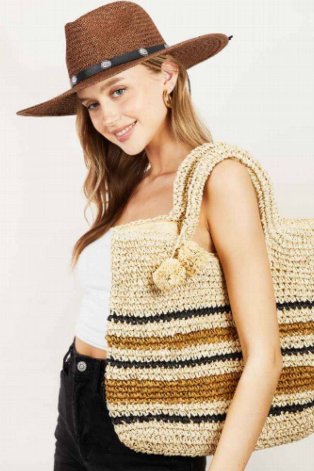 Fame Striped Straw Braided Tote Bag - Siennasass