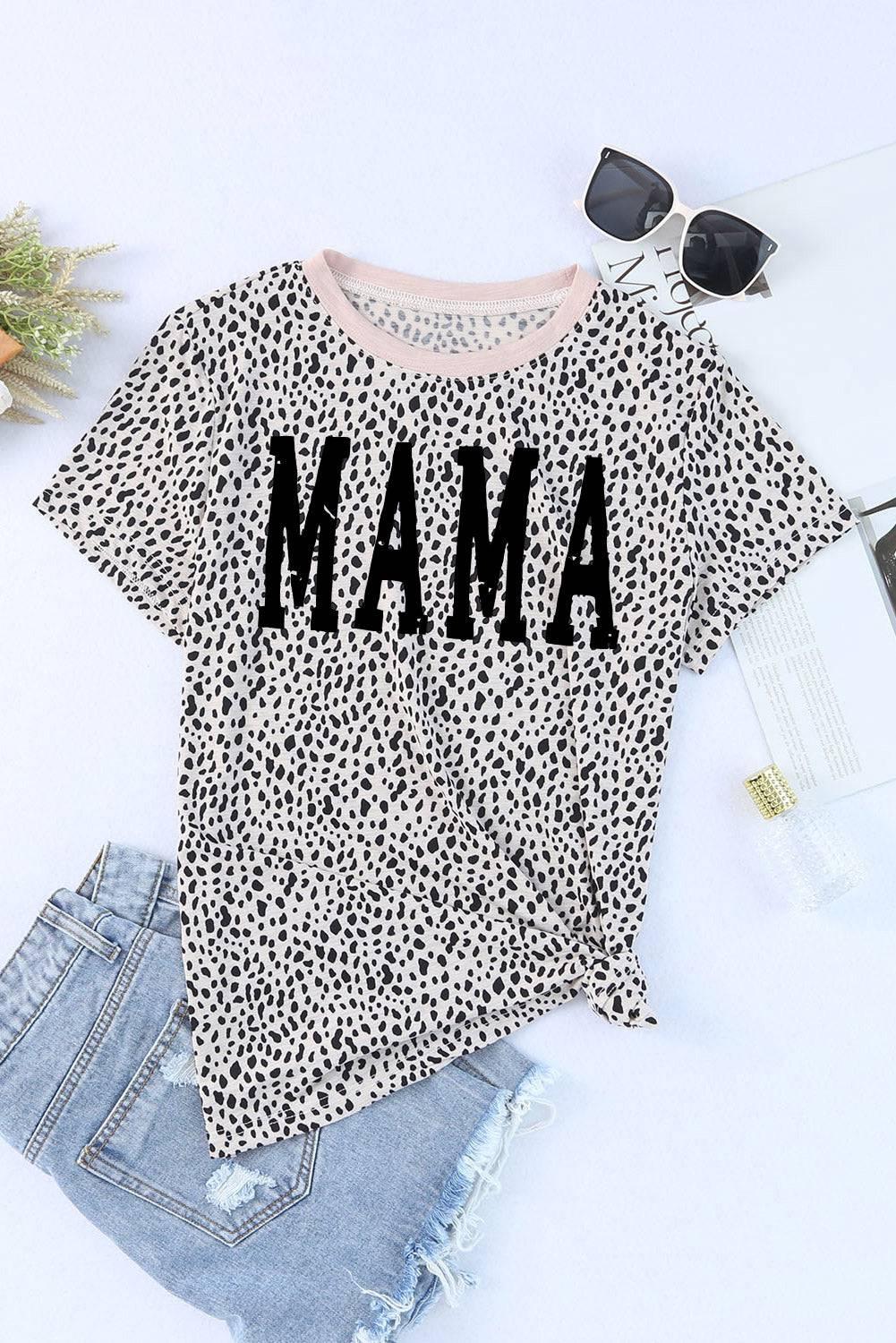 MAMA Animal Print Round Neck Short Sleeve T-Shirt - Siennasass