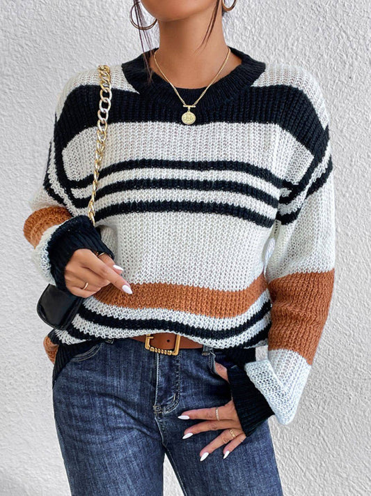 Contrast Striped Round Neck Long Sleeve Sweater