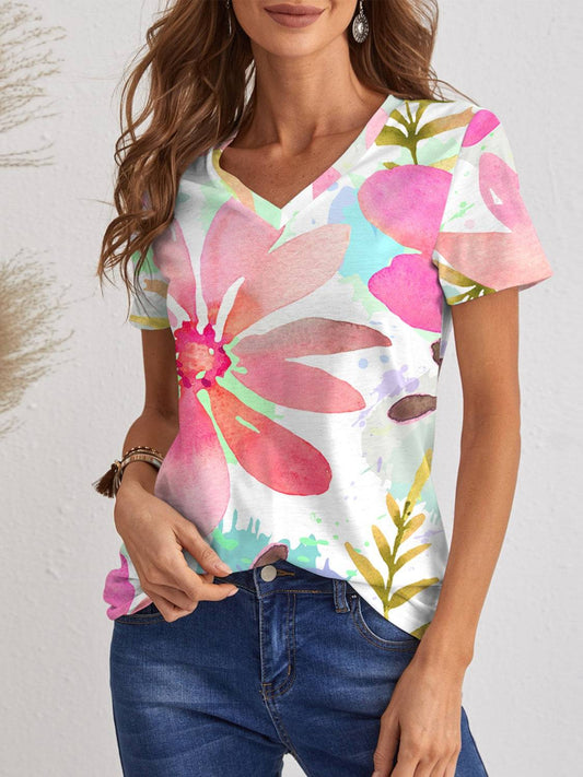 Printed V-Neck Short Sleeve T-Shirt - Siennasass