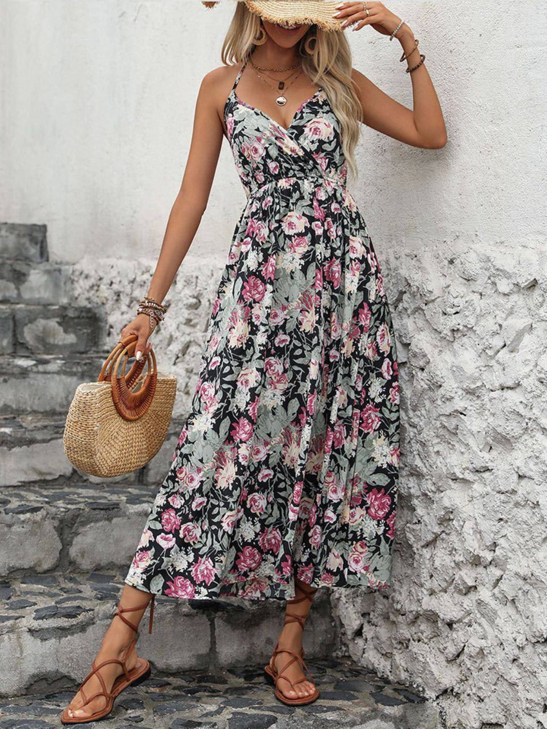 Smocked Printed Halter Neck Midi Dress - Siennasass