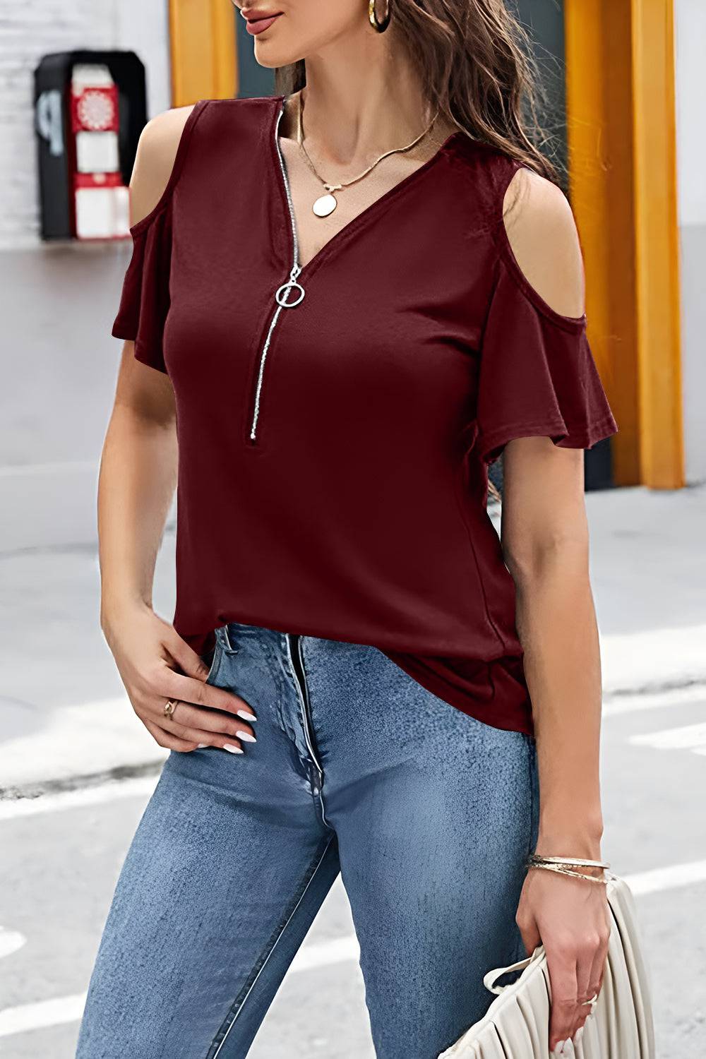 Full Size Half Zip Cold Shoulder Top - Siennasass