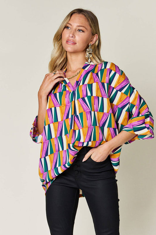 Double Take Full Size Geometric Notched Raglan Sleeve Blouse - Siennasass