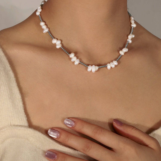 Freshwater Pearl Titanium Steel Bead Necklace - Siennasass