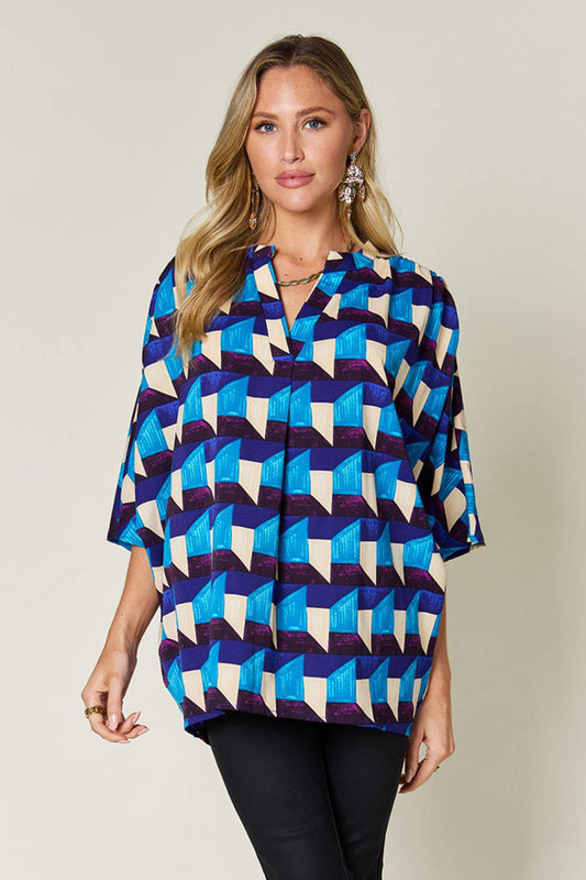 Double Take Full Size Geometric Notched Half Sleeve Blouse - Siennasass