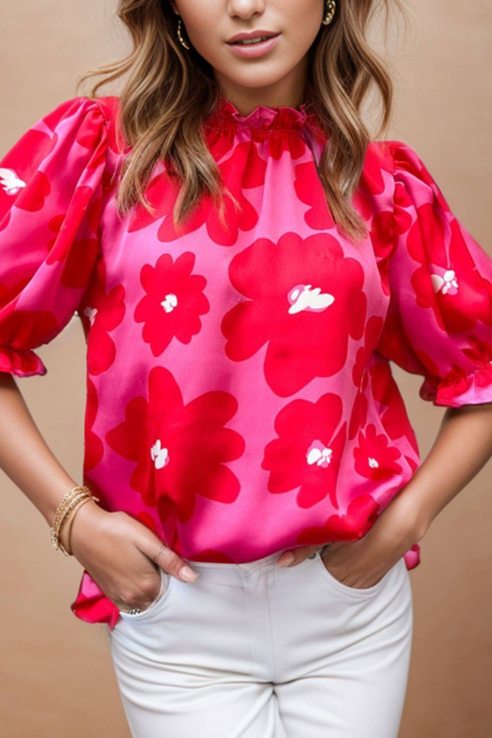 Ruffled Printed Mock Neck Short Sleeve Blouse - Siennasass