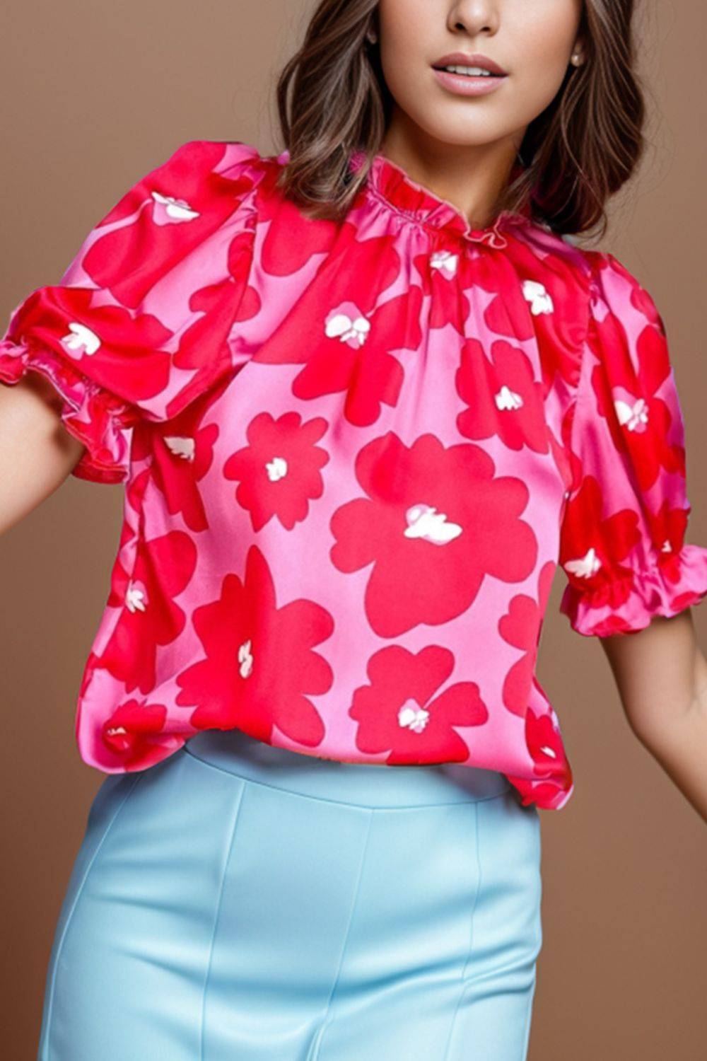 Ruffled Printed Mock Neck Short Sleeve Blouse - Siennasass