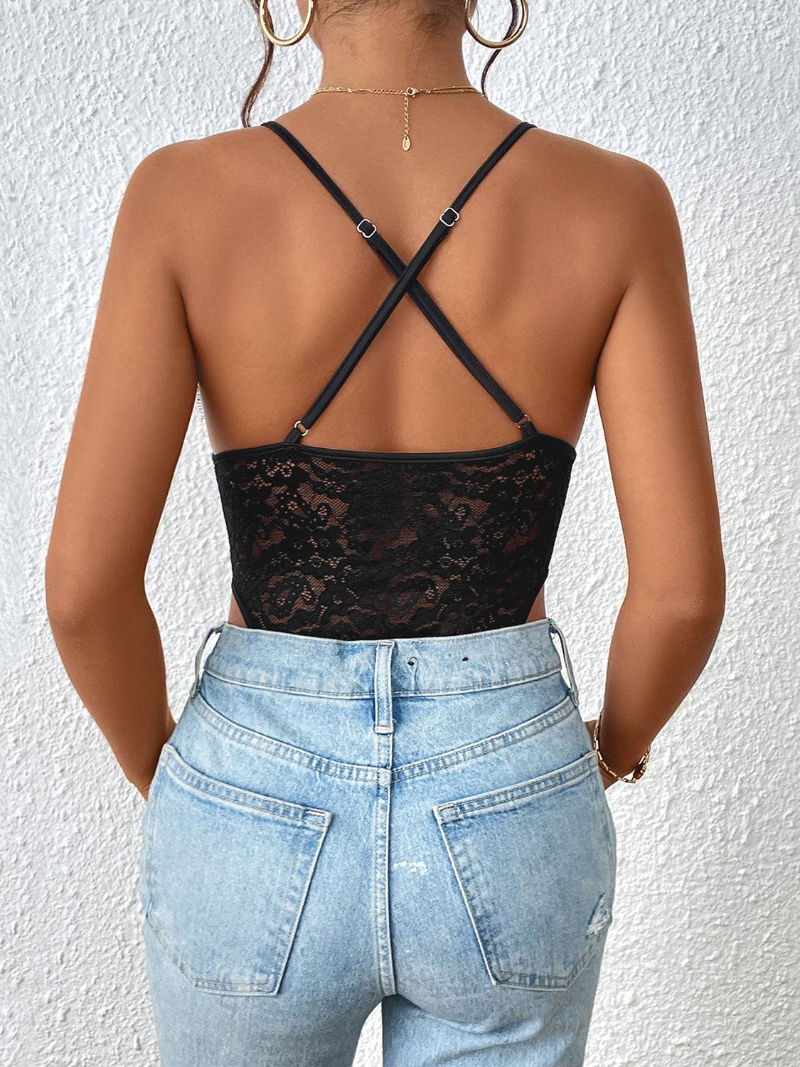 Crisscross Lace Spaghetti Strap Bodysuit - Siennasass