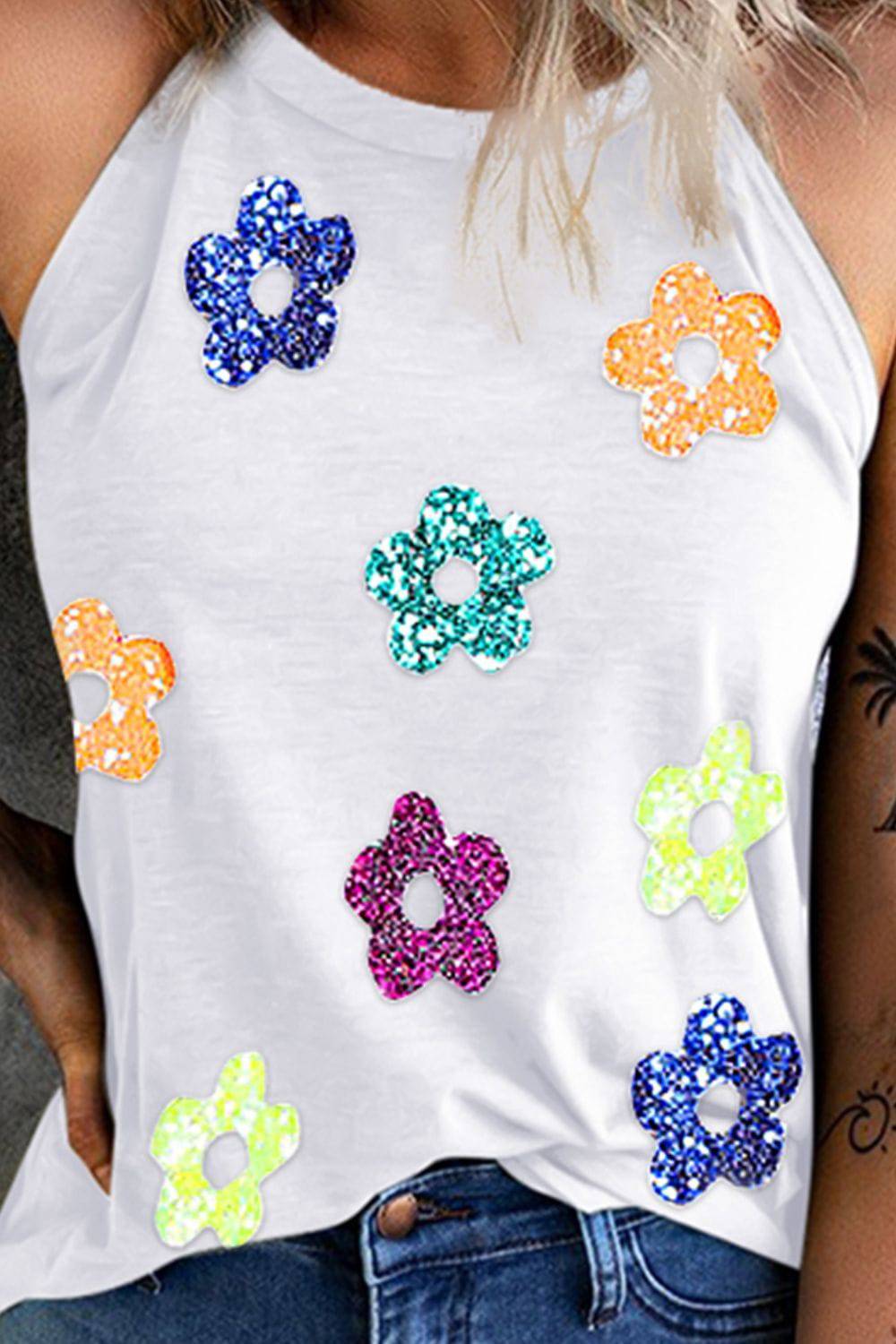 Sequin Flower Grecian Neck Tank - Siennasass