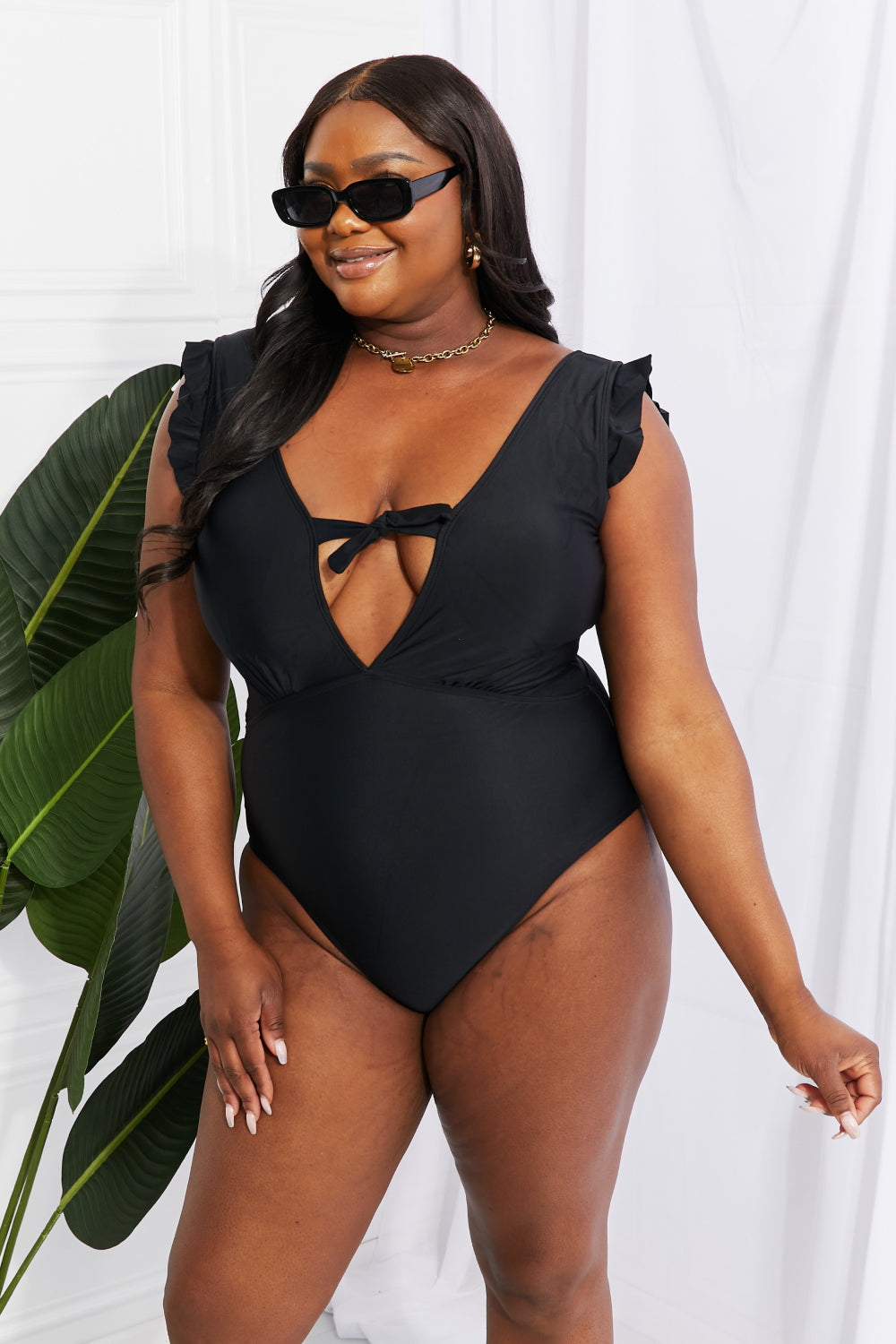 Marina West Swim Seashell Ruffle Sleeve One-Piece in Black - Siennasass