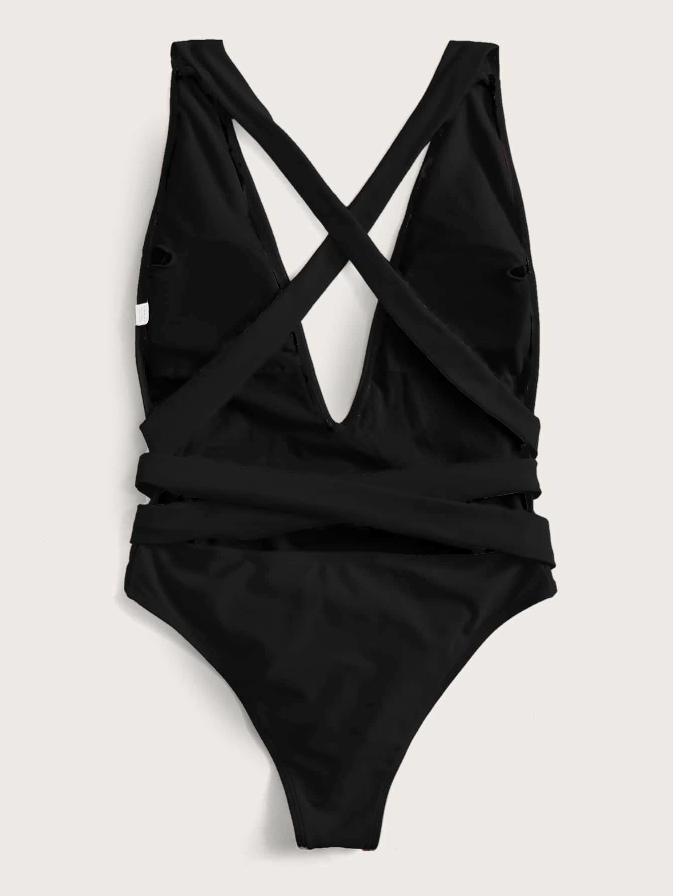 Halter Neck Deep V Tied One-Piece Swimsuit - Siennasass