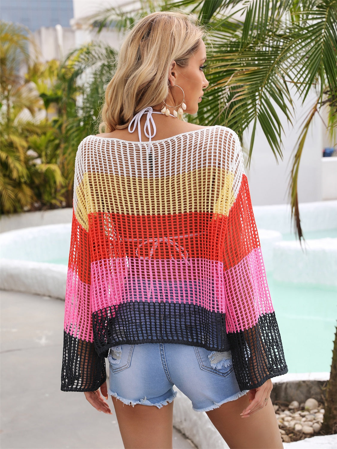 Color Block Openwork Boat Neck Cover Up - Siennasass