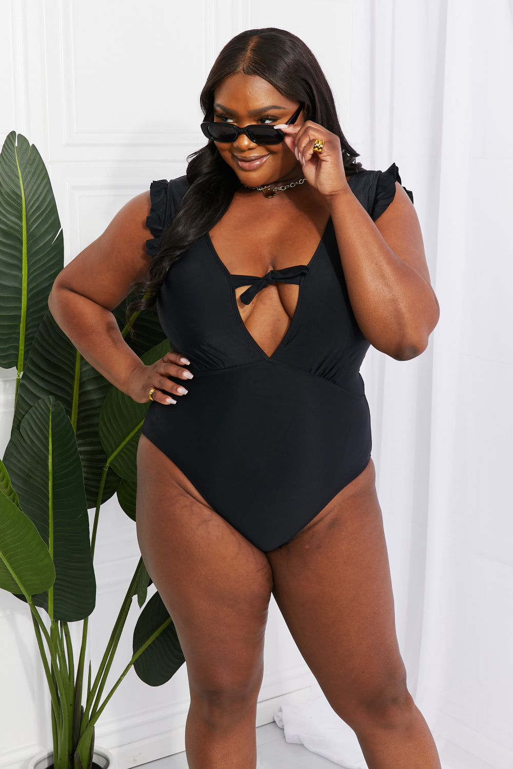 Marina West Swim Seashell Ruffle Sleeve One-Piece in Black - Siennasass