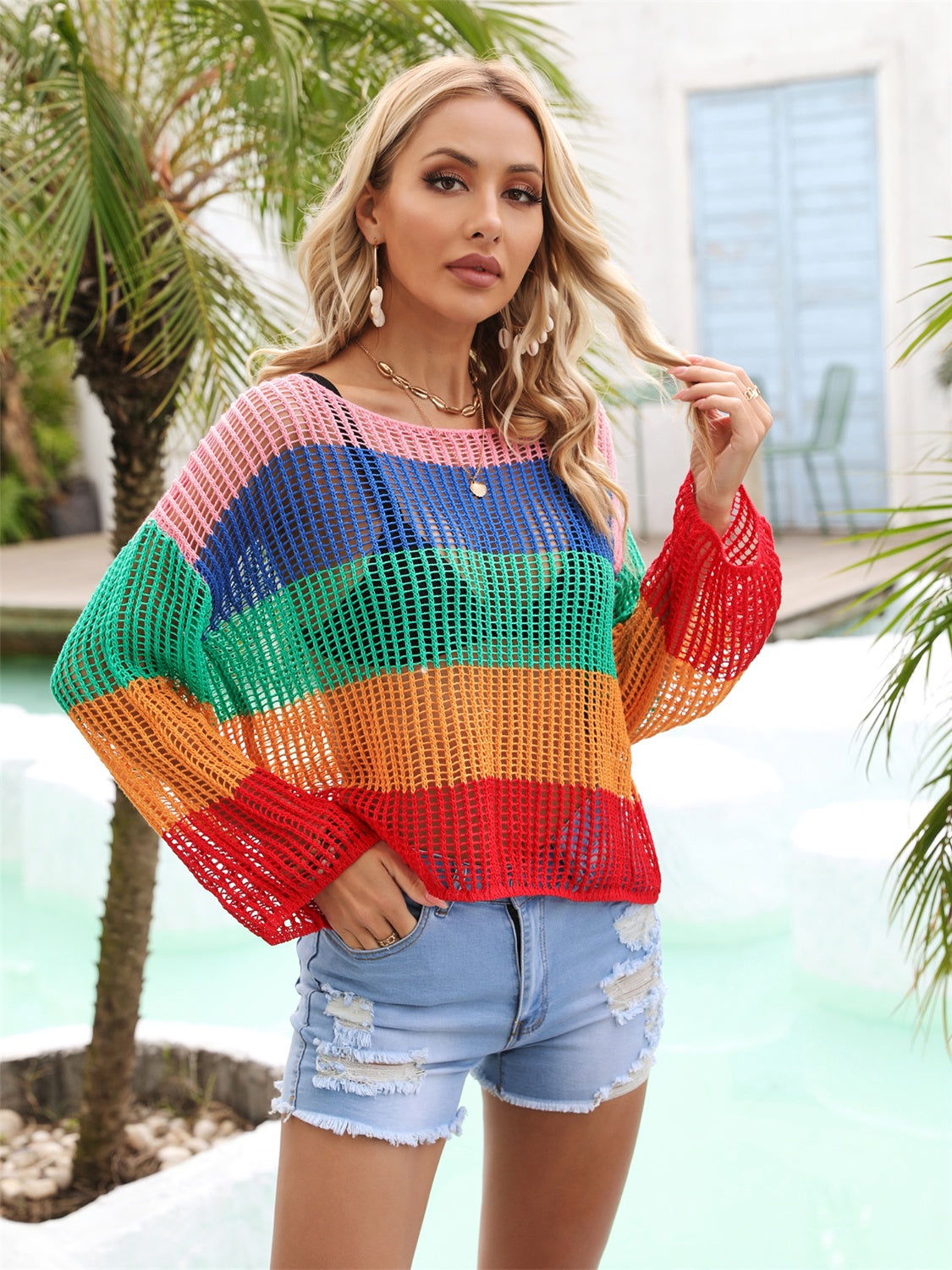 Color Block Openwork Boat Neck Cover Up - Siennasass