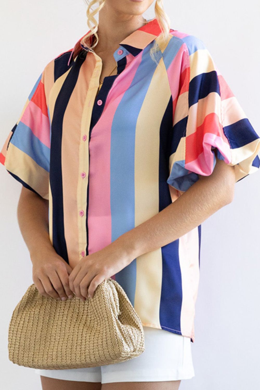 Color Block Button Up Balloon Sleeve Shirt