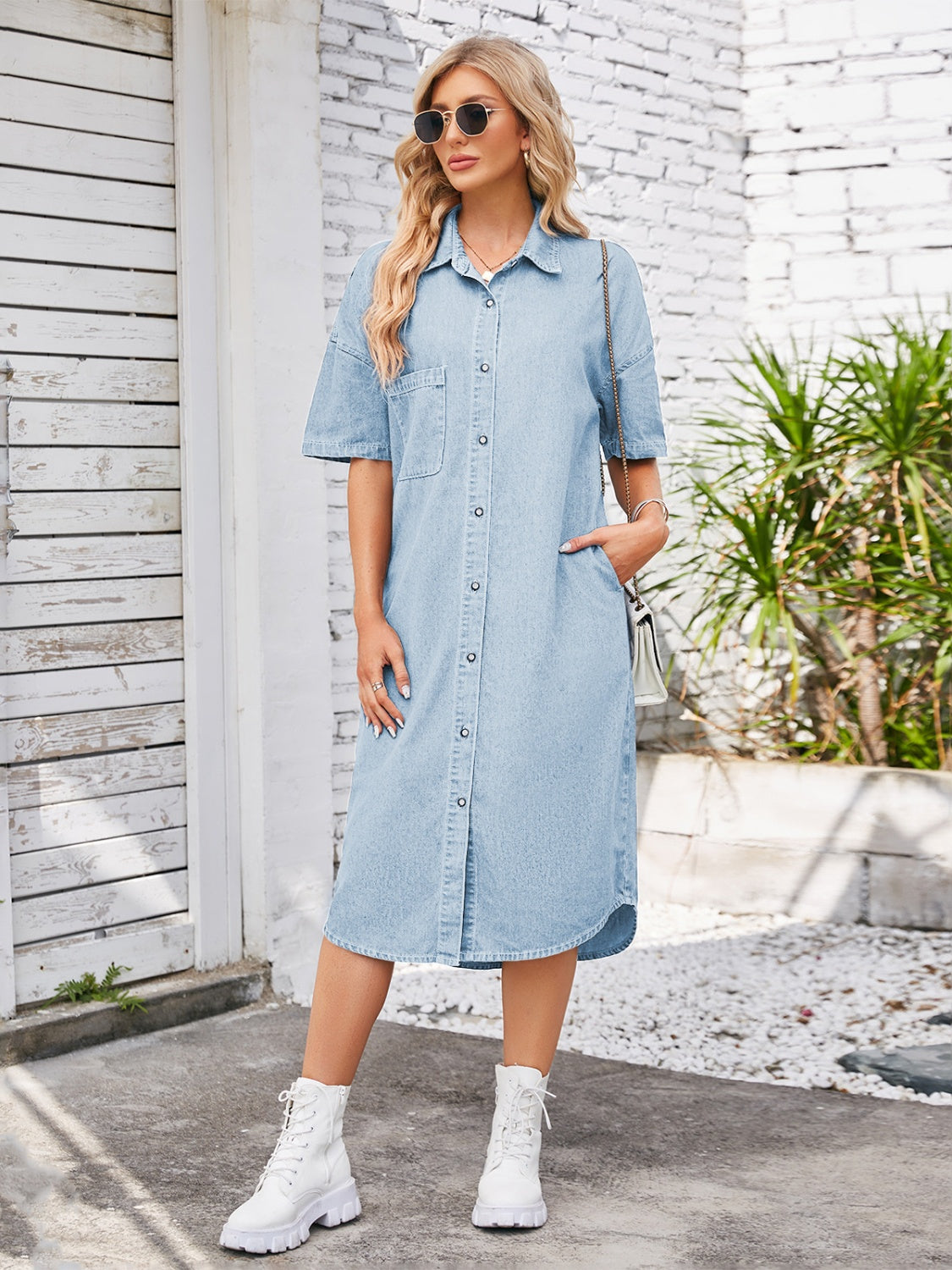 Button Up Dropped Shoulder Denim Dress - Siennasass