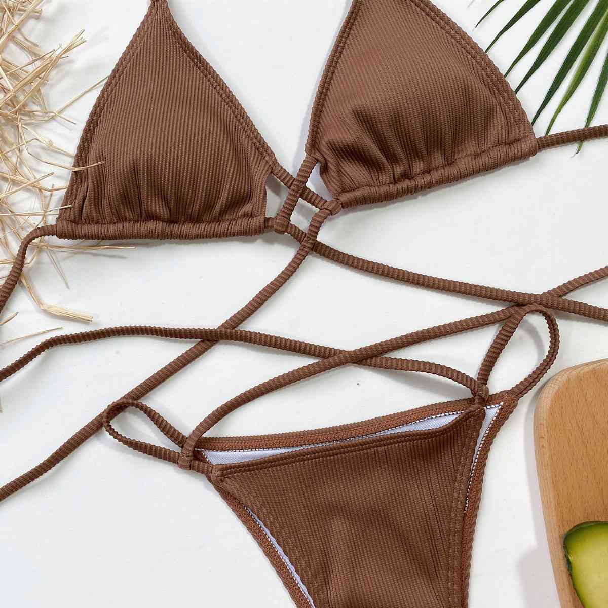 Halter Neck Crisscross Ribbed Bikini Set - Siennasass