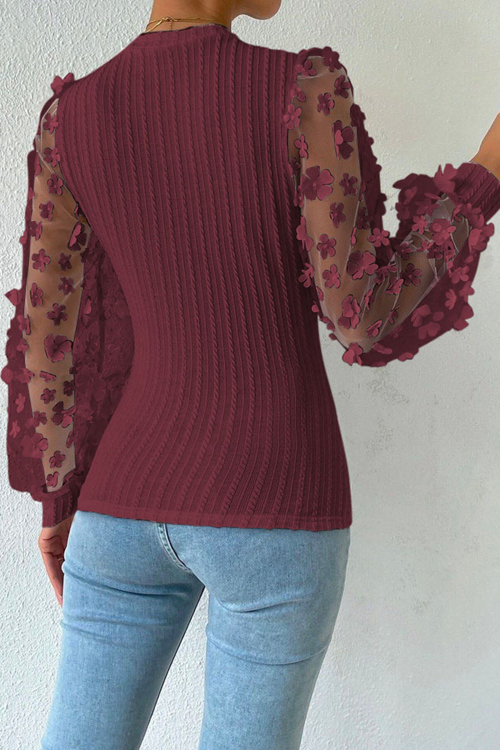 Double Take Textured Applique Long Sleeve Blouse - Siennasass