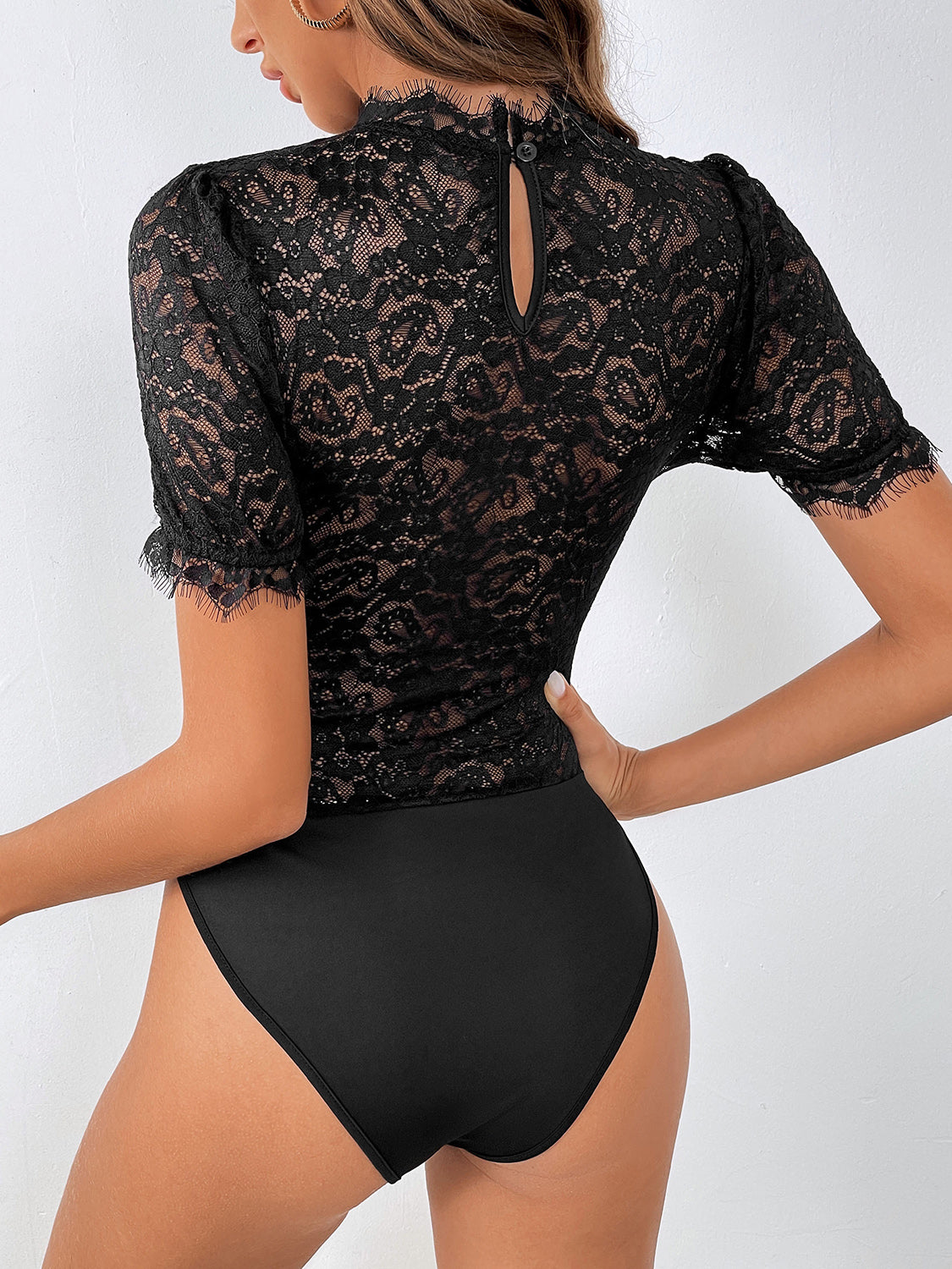 Lace Mock Neck Short Sleeve Bodysuit - Siennasass